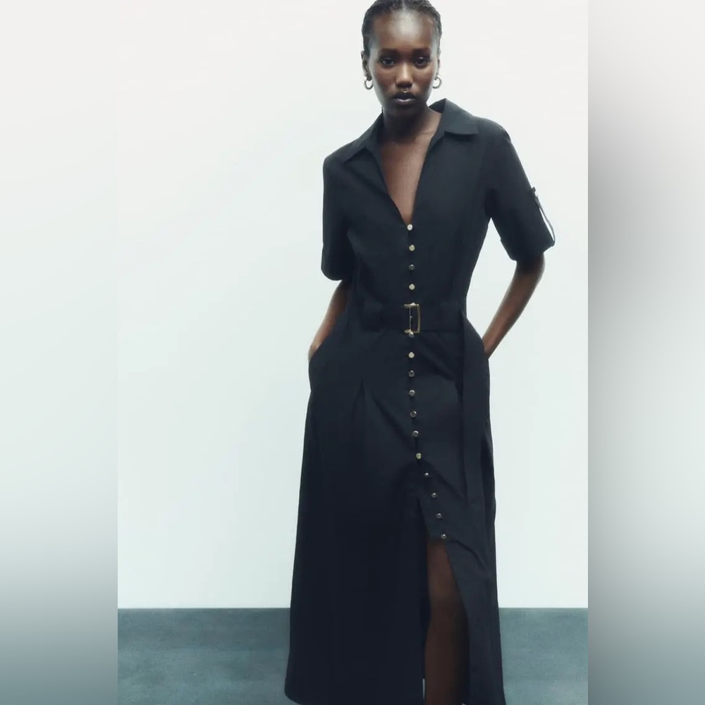 Zara Black Midi Shirt Dress with Notched Collar